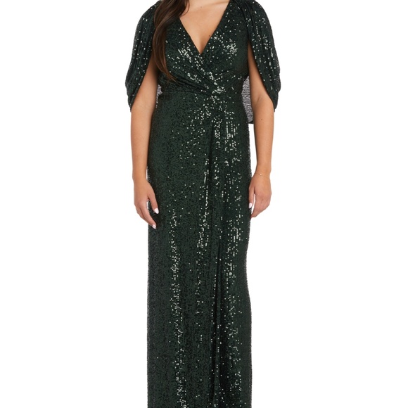 NWT Nightway Women's V-Neck Cape-Back Sequin Gown, Pine - Picture 1 of 5
